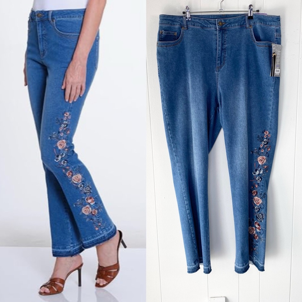 Slim-Sation Jeans Bootcut Blue Embroidered Floral‎ Tummy Control Raw Hem Sz 18